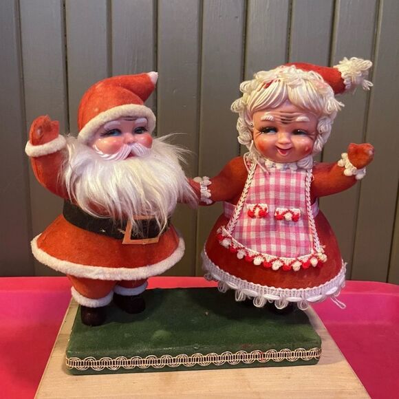 Vintage 50’s Flocked Plastic Santa and Mrs. Claus - Picture 1 of 10